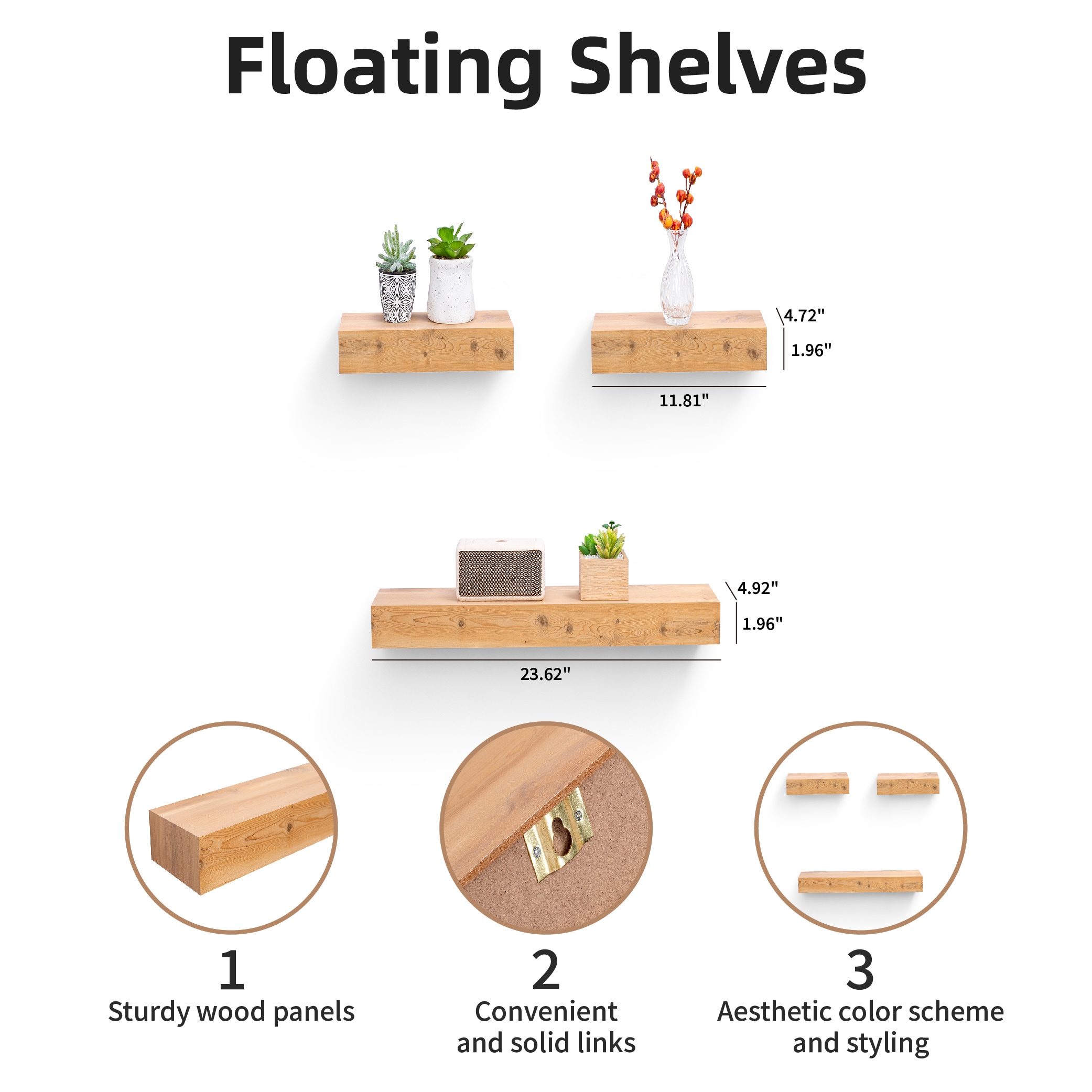Floating Shelves 23.6" Wall Mounted Wood Shelves For Bathroom, Bedroom, Living Room, Kitchen, Hanging Shelf For Books/Storage/Decor With Invisible Brackets, Maple_maomaolike.com